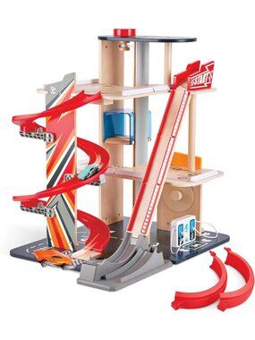 Kids Wooden Toy Car Parking Garage Playset with Elevator, Tracks & 2 Racecars